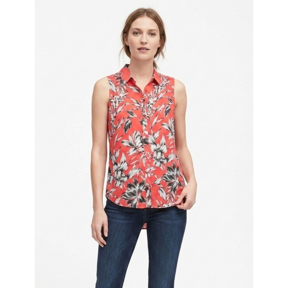 Banana Republic Classic Fit Floral Sleeveless Button Down Blouse S Red White